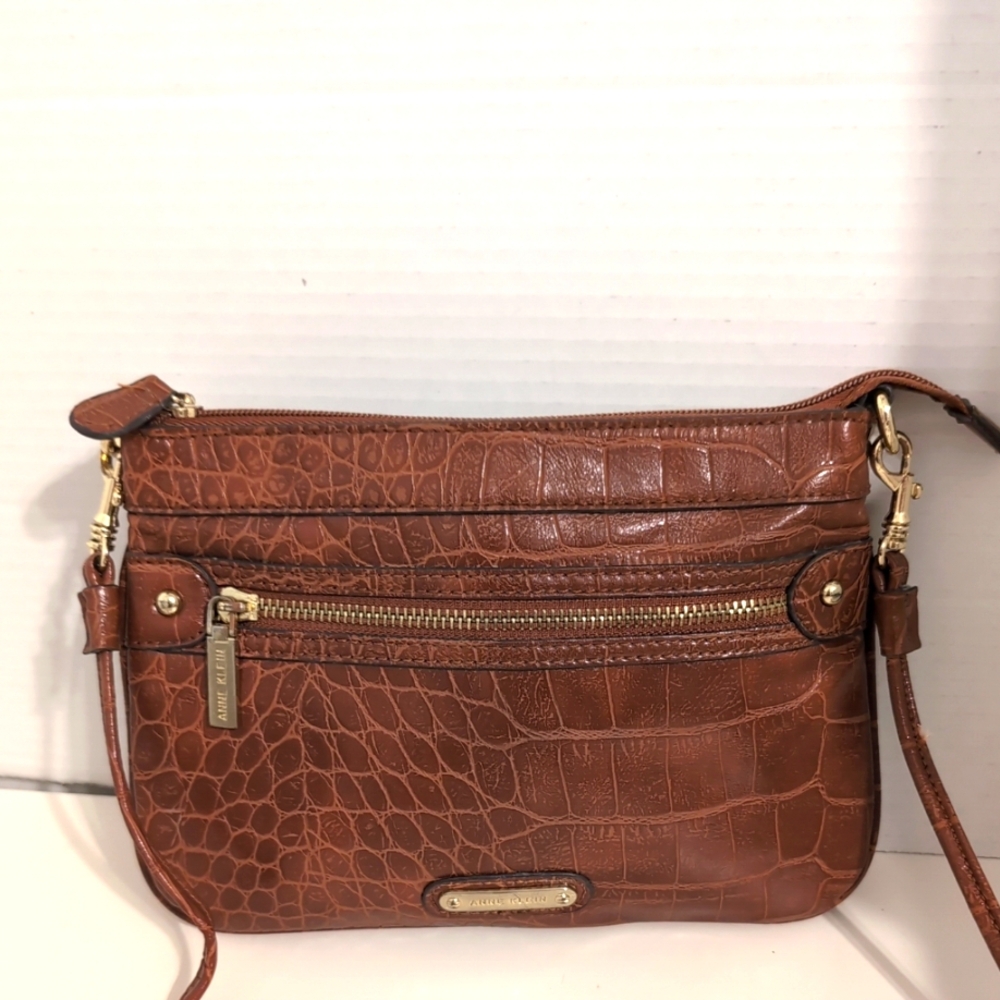 Anne Klein‎ Golden Brown Faux Crocodile-Embossed Crossbody/Shoulder Bag